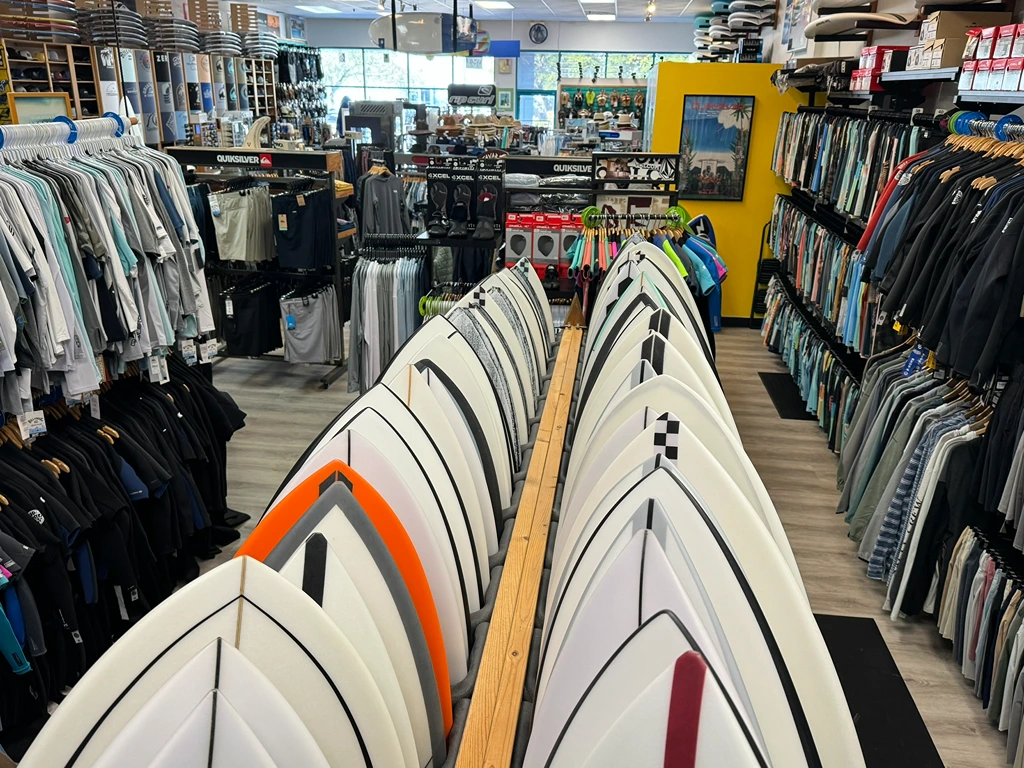 surfboards and surf gear at store