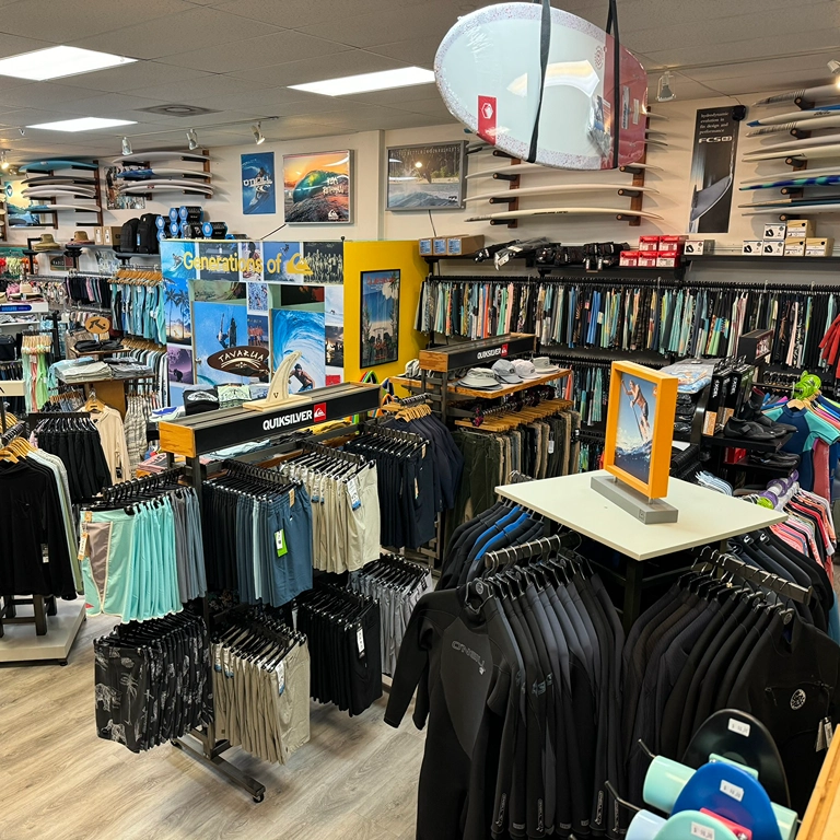 wakeboards and clothing view of the store